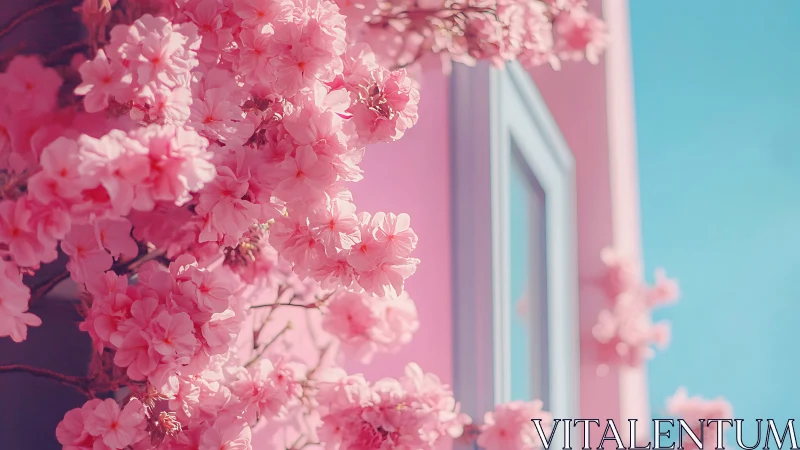 Pink flowering tree against architectural structure with clear sky