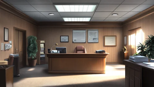 Sunlit executive office waiting for its next big decision.