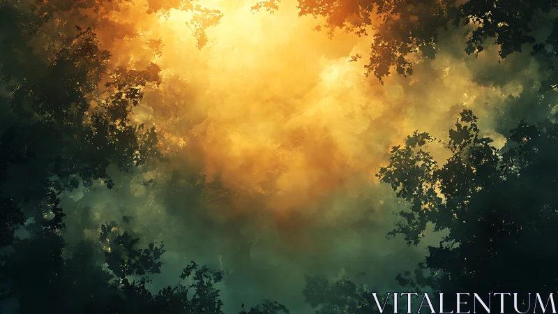 Golden forest canopy glowing through dense misty light.