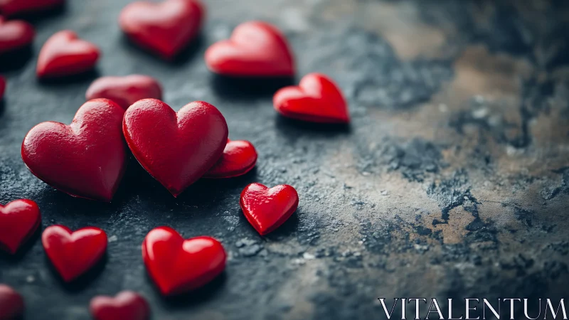 Red hearts scattered on weathered blue-gray surface.