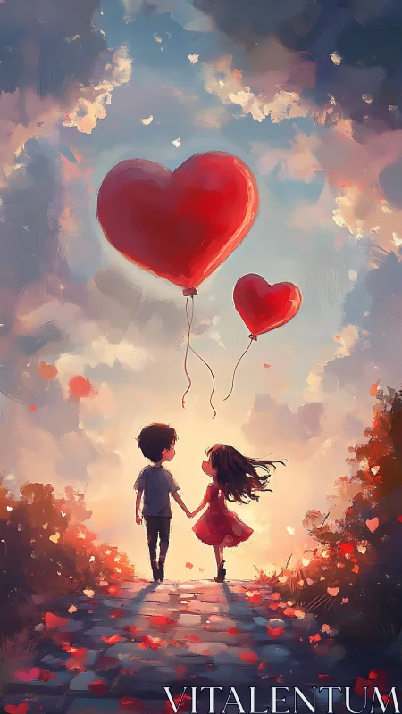 Two Children Holding Heart-Shaped Balloons in Dreamlike Sky