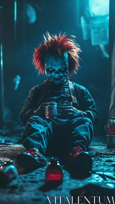 Moody alley clown doll resting in neon blue shadows.