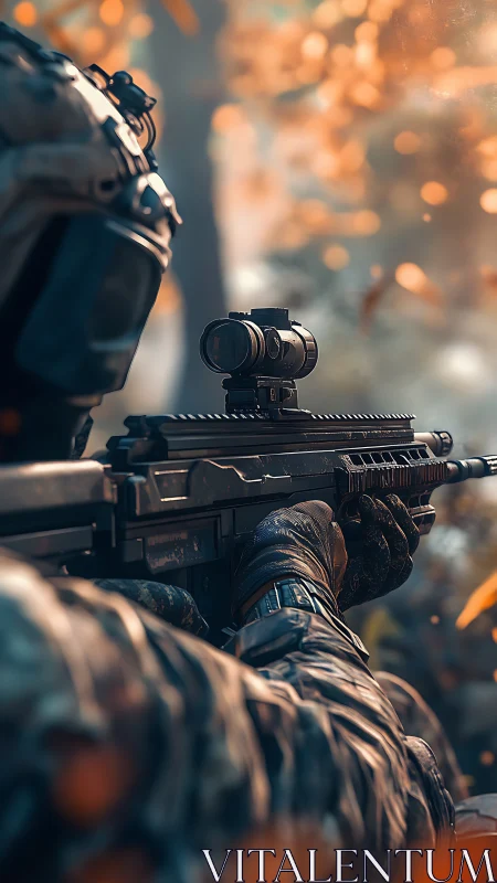Photoreal tactical sniper profile in autumn woodland environment.