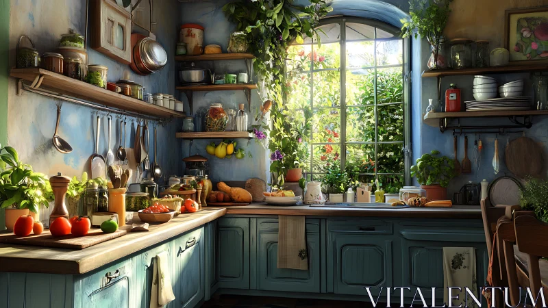 Sunlit rustic kitchen shows fresh produce and garden view
