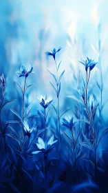 Blue Flowers Field in Soft Focus Mist