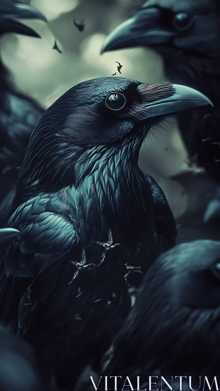 Brooding raven close-up amid swirling, stormlit flock.