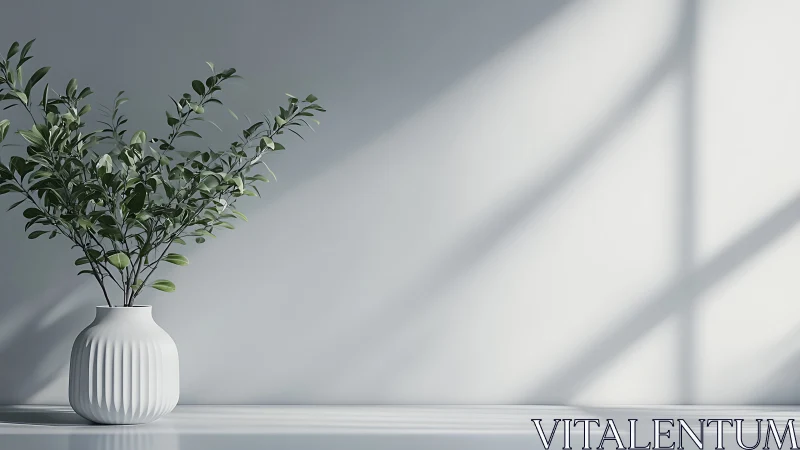 Sunlit ceramic vase with green foliage enhances calm space