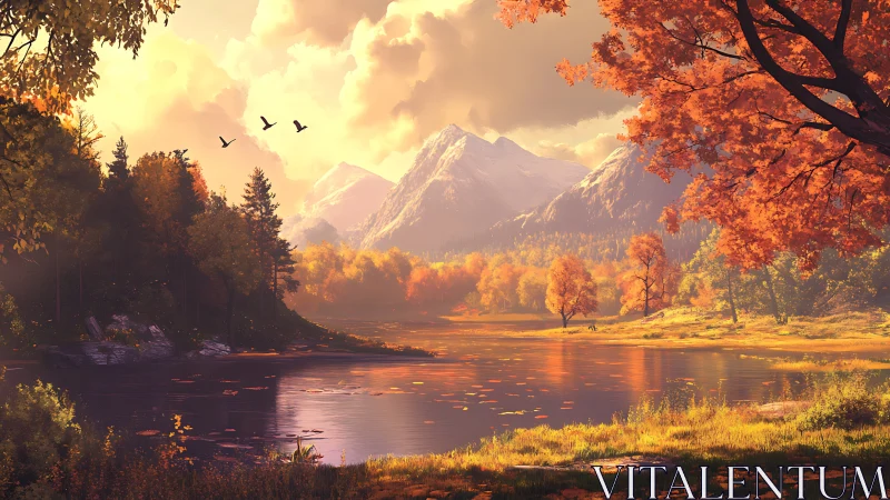 Sunlit alpine lake with volumetric autumn foliage and snow peaks
