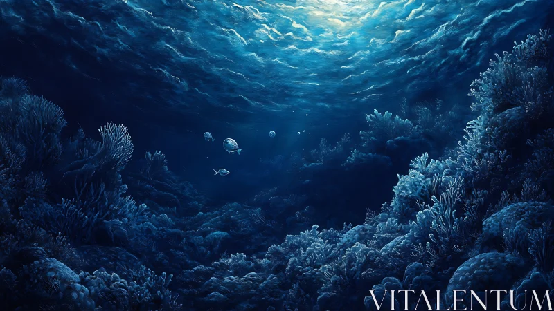 Bathypelagic reef corridor under volumetric caustic light field.