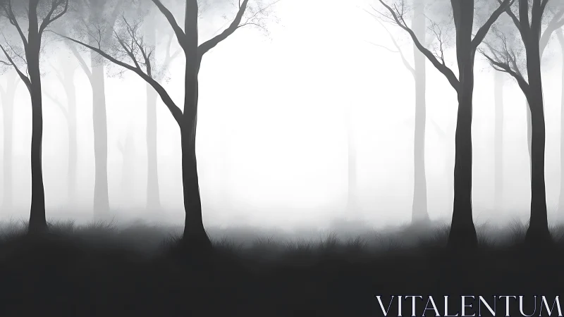 Misty monochrome forest recedes into soft luminous haze