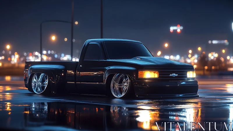 Stanced black Chevy pickup on wet urban lot at night
