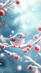 Snowy songbird perches on frosted berries in soft winter glow.