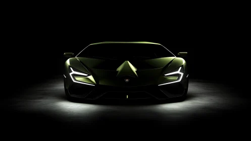 Aggressive green supercar emerges from dramatic shadowed darkness