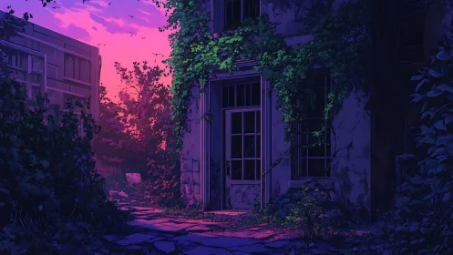 Overgrown doorway glows beneath a neon dusk sky.