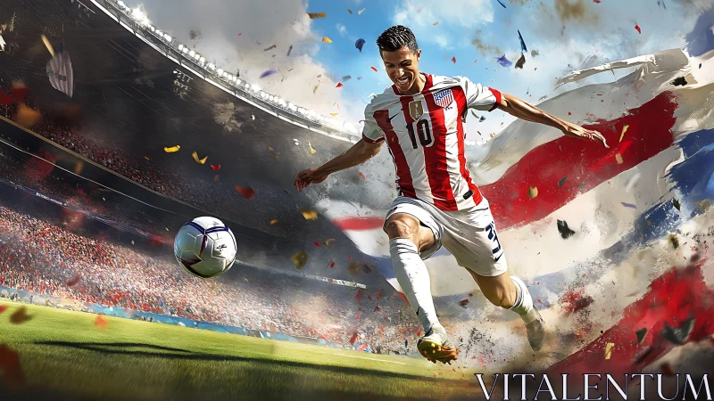 Soccer player strikes ball in packed stadium with flag backdrop