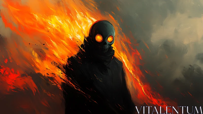 Fiery skull figure with glowing eyes in dark smoke.