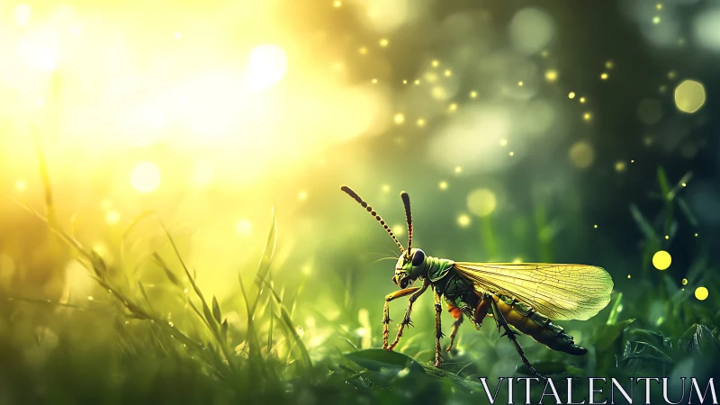 Sunlit grasshopper walks through glowing morning meadow light