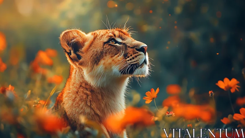 Young lion in orange flower meadow under soft daylight.