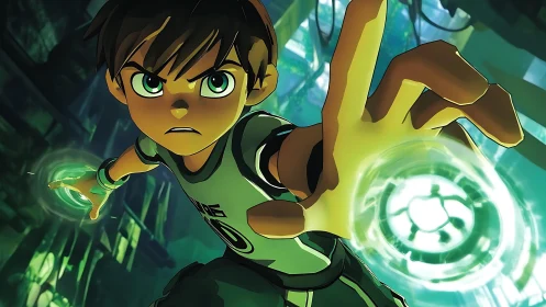 Animated boy with glowing green energy orbs in corridor.
