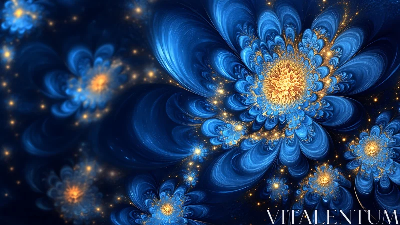 Fractal blue floral pattern with luminous golden centers.