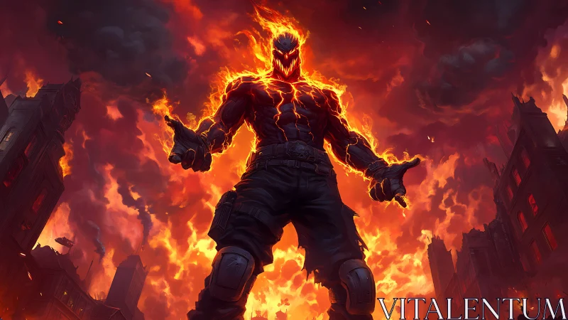 Fiery humanoid figure dominates burning urban skyline.
