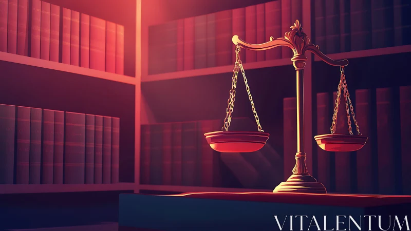 Golden justice scales glowing softly in a quiet law library.