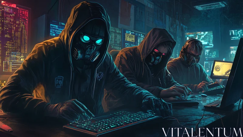 Midnight mask-clad hackers weaving neon code storms.
