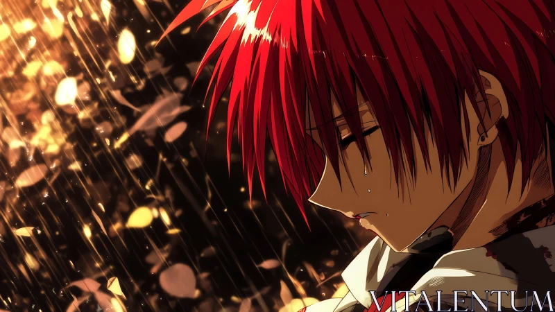Tender anime moment with a red haired soul in golden rain.