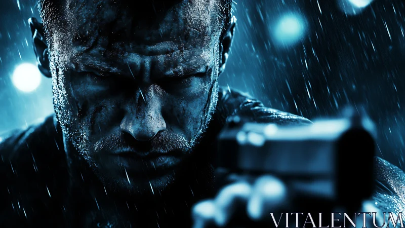 Close-quarters gunman under heavy rain with high-contrast blue rim light