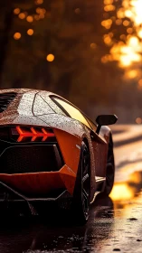 Sunlit supercar resting on a rain kissed evening road.