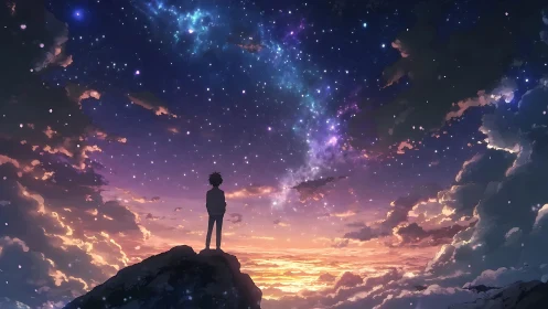 Silhouetted dreamer gazes into a luminous galactic sky.