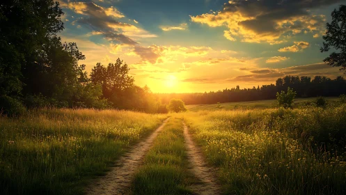 Rural dirt path leading into bright sunset over fields.