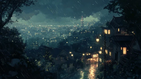 Rain-soaked hillside alley overlooks luminous nocturnal cityscape