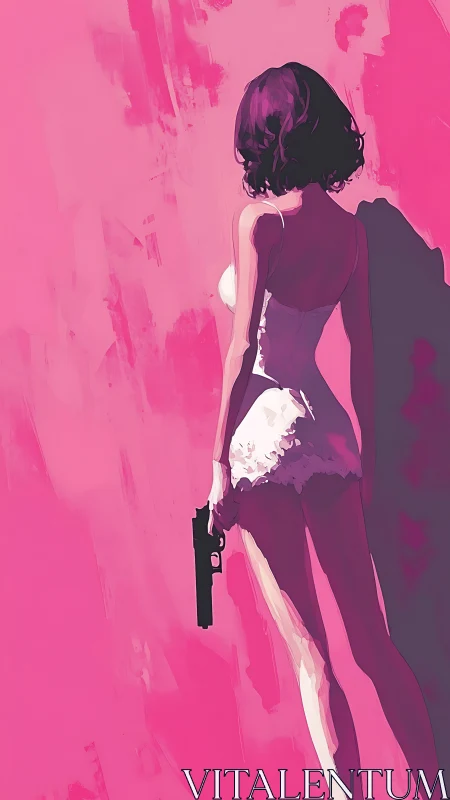 Back view of woman with handgun against pink wall.