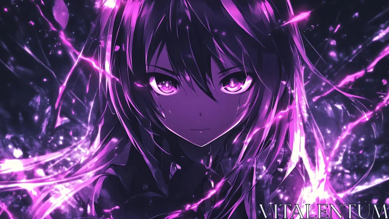 Luminous anime girl framed in wild violet energy bursts.
