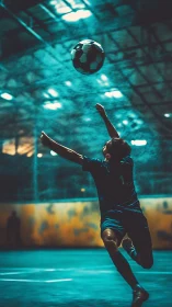 Indoor youth goalkeeper lunging mid-air under teal arena lighting
