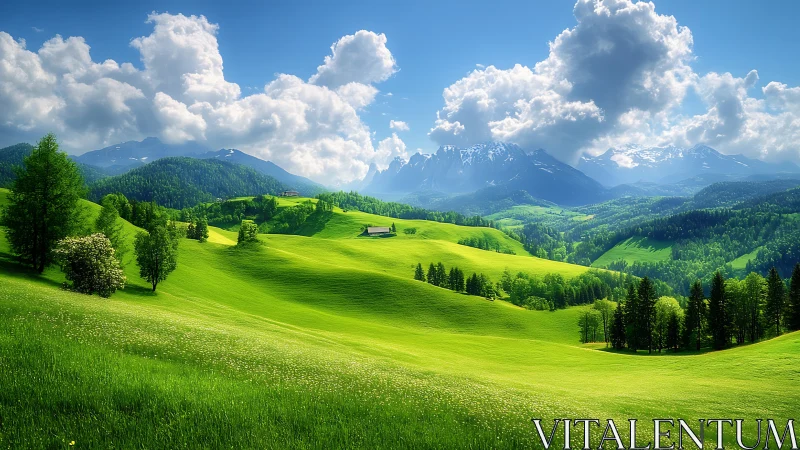 High‑saturation alpine valley with rolling meadows and peaks