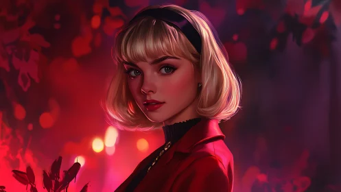 Blonde woman in red coat against blurred red bokeh field.