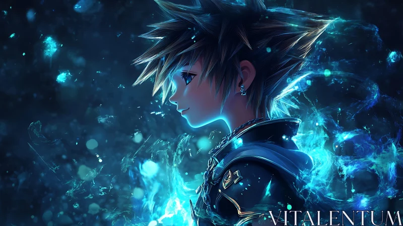 Blue-lit anime hero stands within swirling ethereal energy.