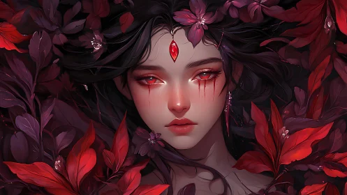 Blood-touched forest nymph with crimson jeweled sigil.