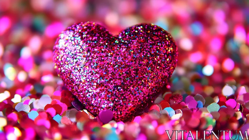 Glittering magenta heart resting in vivid bokeh confetti.