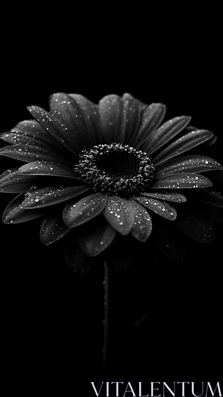 Gerbera Daisy with Water Droplet Coverage in Monochromatic Luminescence.