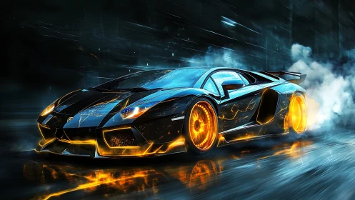 Aerodynamic hypercar with plasma-lit rims in neon storm.