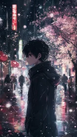 Young figure under cherry blossoms in illuminated city street.