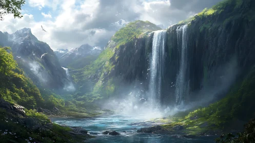 Sunlit waterfalls plunge into a tranquil misty valley.