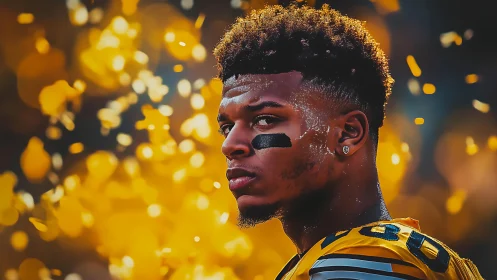 Gritty football portrait amid glowing golden bokeh storm.