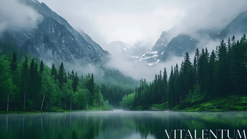 Mist-kissed mountain lake cradled by deep green forest.