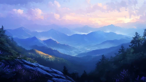 Soft dawn light rolls gently across peaceful blue mountains