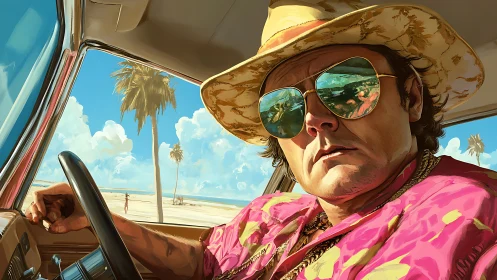 Man in car with beach view and mirrored sunglasses.