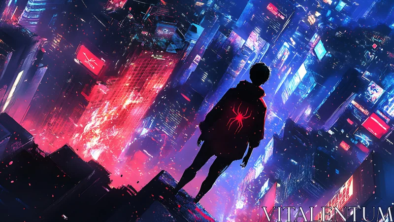 Neon-clad vigilante overlooks glitching cyberpunk skyline.